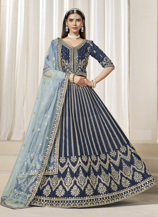 Wonderful Prussian Blue Art Silk Embroidered Wedding Lehenga Choli Set