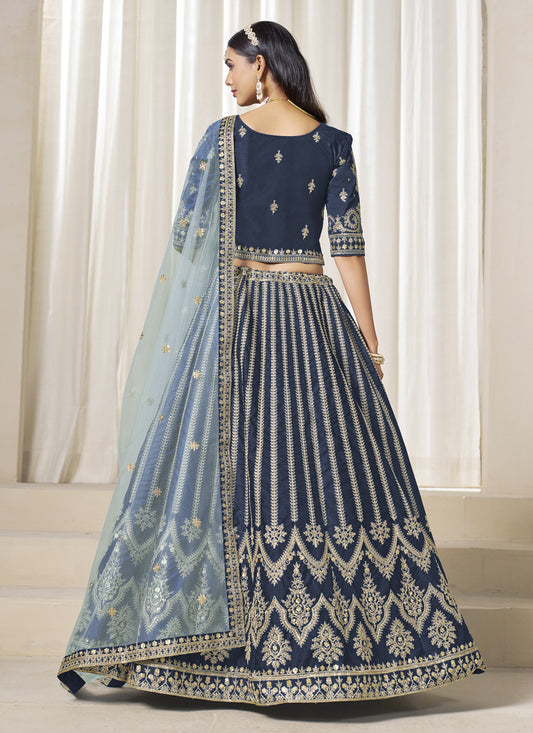 Wonderful Prussian Blue Art Silk Embroidered Wedding Lehenga Choli Set