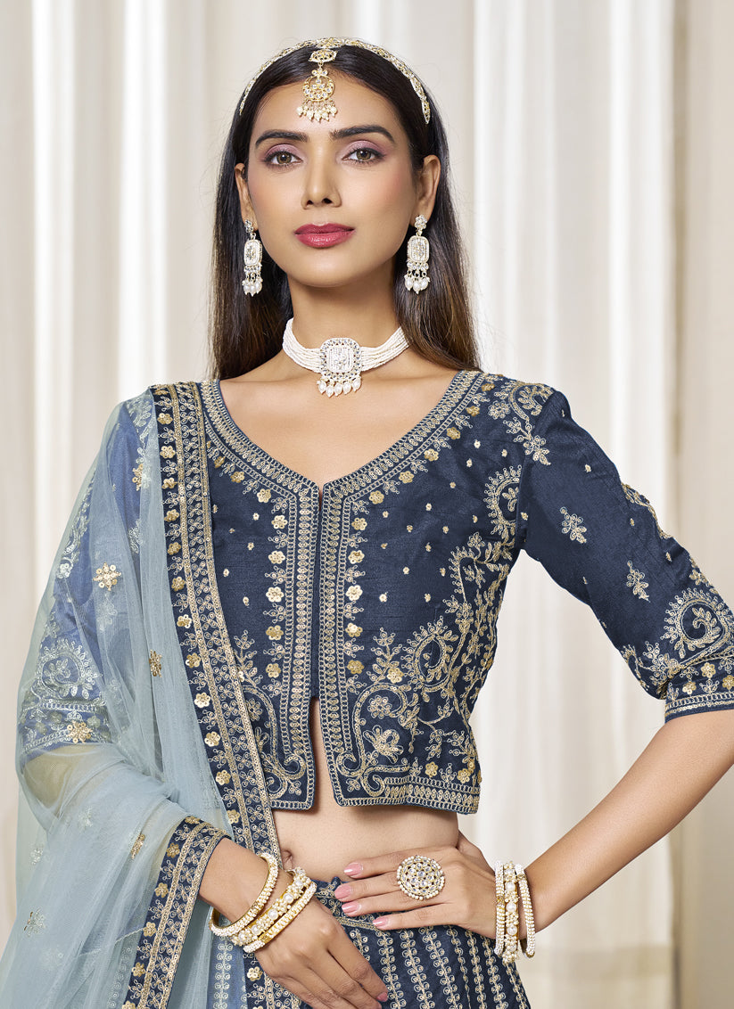 Wonderful Prussian Blue Art Silk Embroidered Wedding Lehenga Choli Set