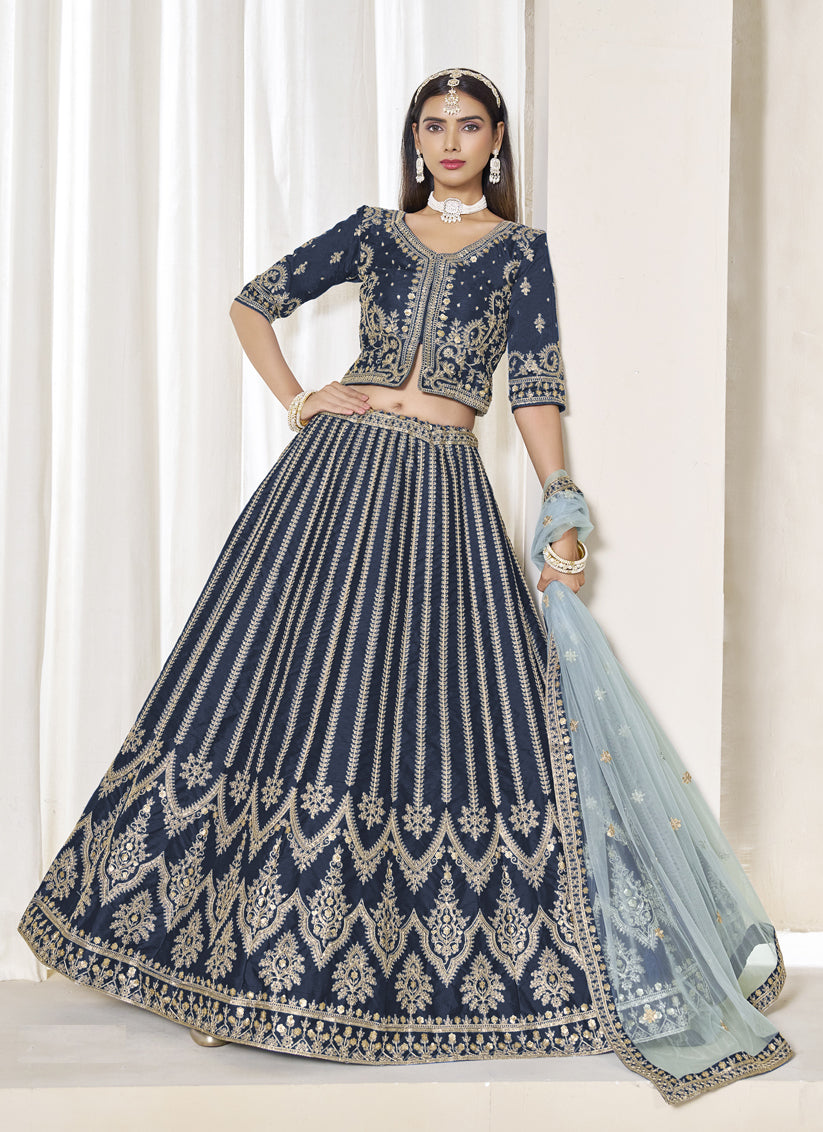 Wonderful Prussian Blue Art Silk Embroidered Wedding Lehenga Choli Set
