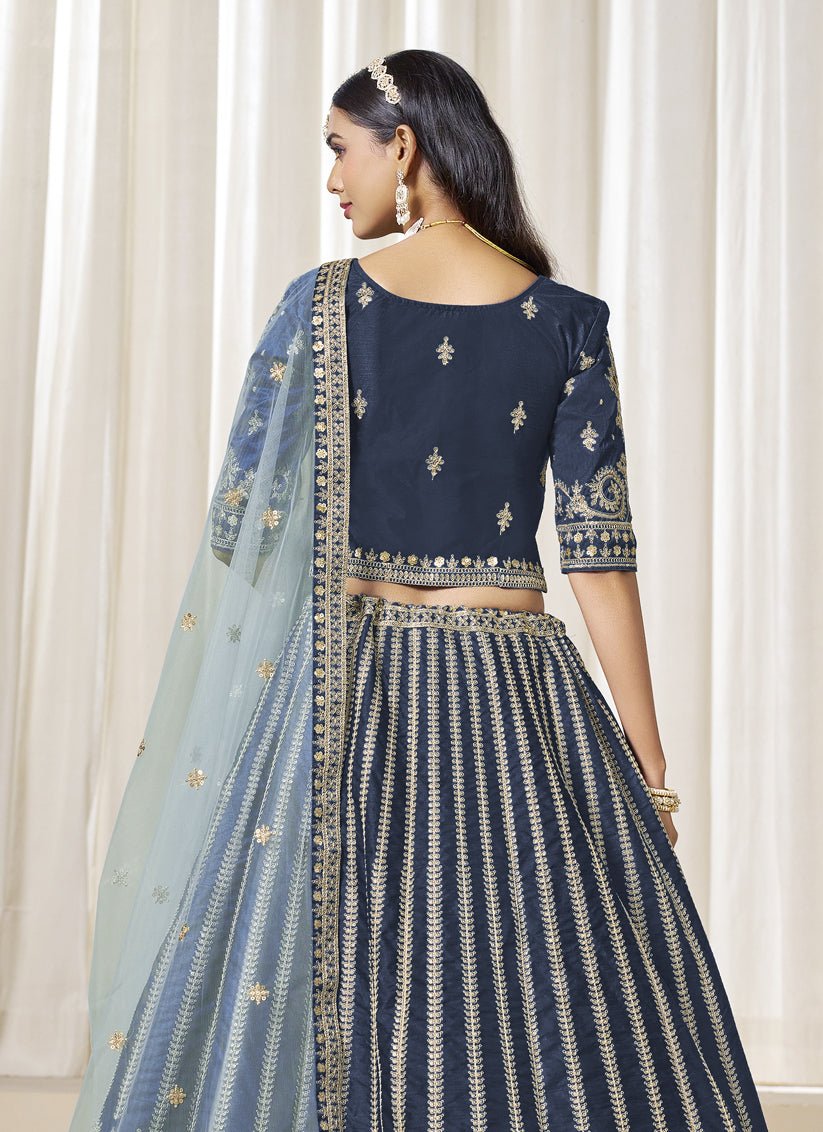 Wonderful Prussian Blue Art Silk Embroidered Wedding Lehenga Choli Set