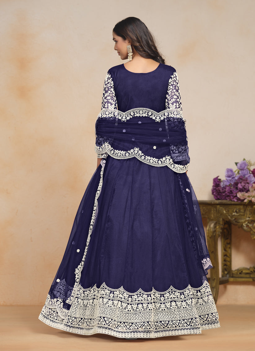 Navy Blue Net Embroidered Anarkali Festival Dress
