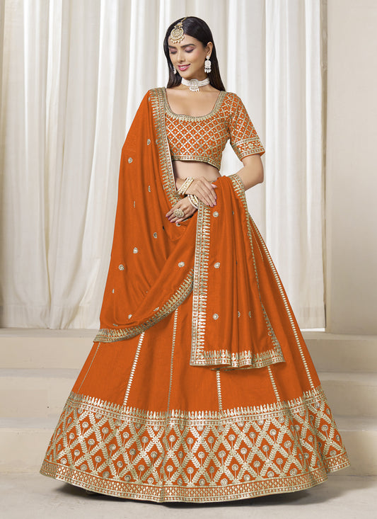 Astonishing Orange Art Silk Lehenga Choli Set for Wedding