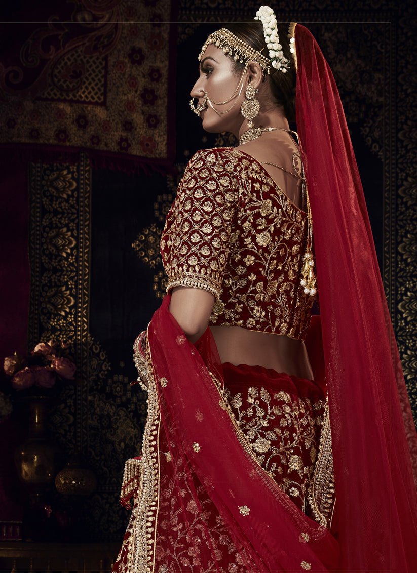 Maroon Velvet Heavy Embroidered Bridal Lehenga Choli