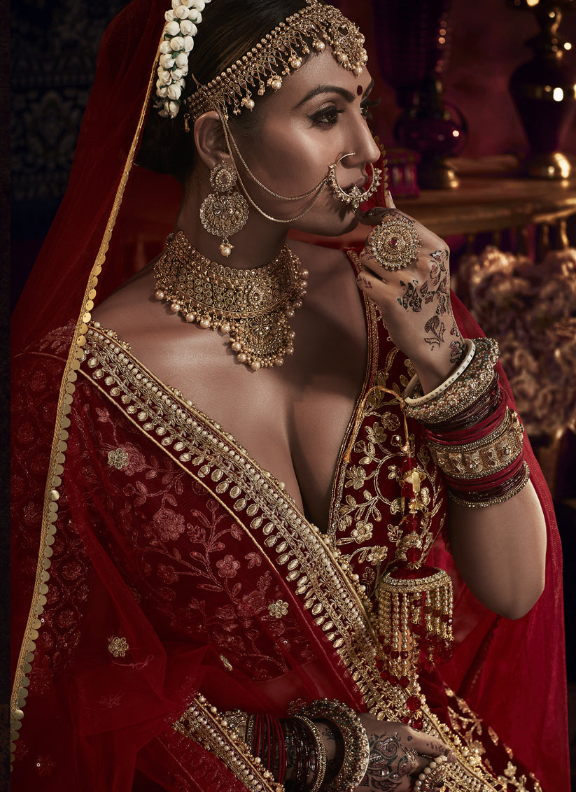 Maroon Velvet Heavy Embroidered Bridal Lehenga Choli