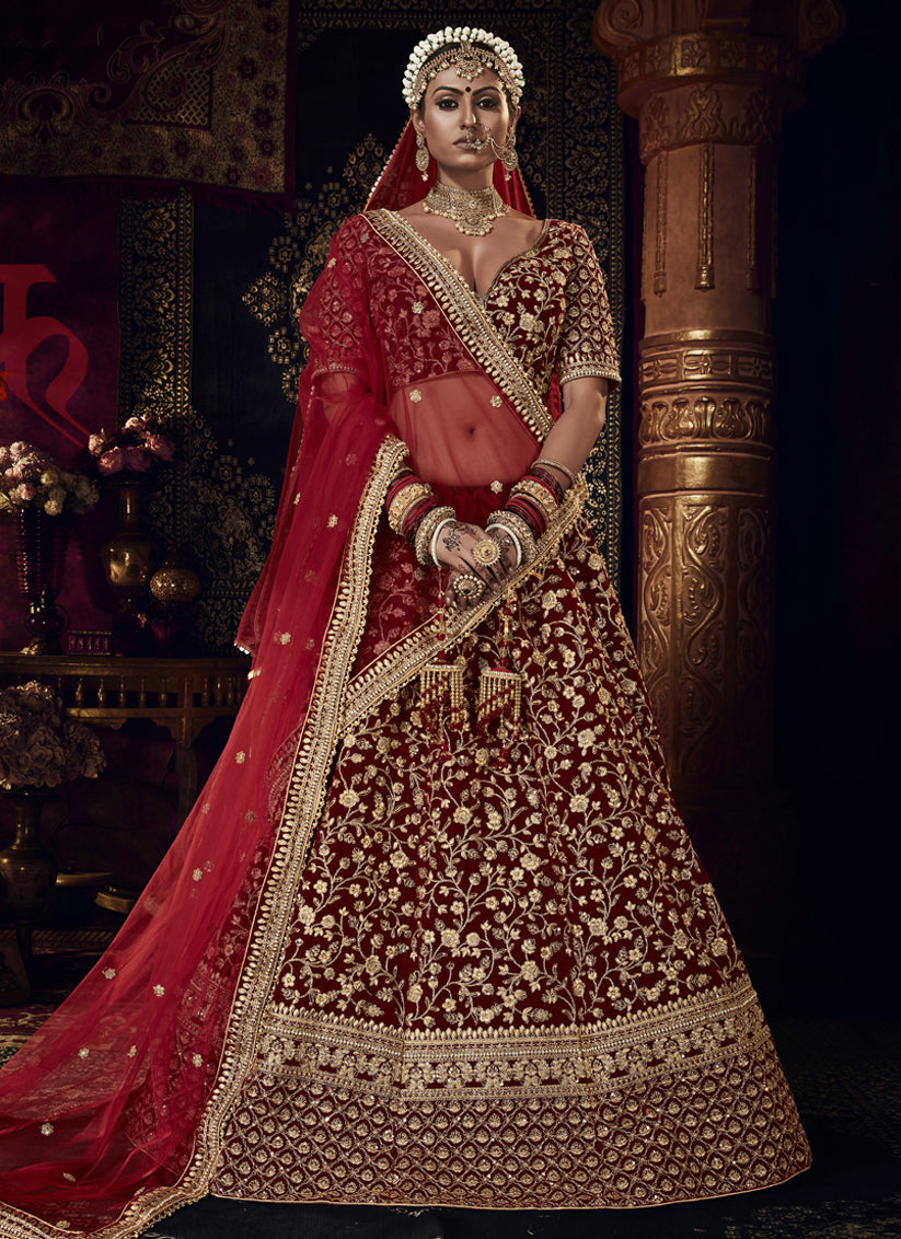 Maroon Velvet Heavy Embroidered Bridal Lehenga Choli