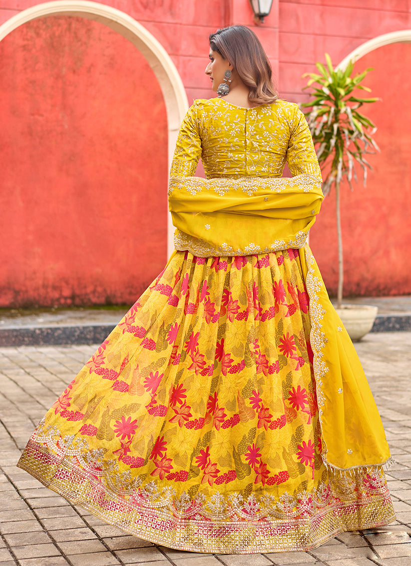 Beautiful Maize Yellow Tabby Silk Embroidered Lehenga Choli set