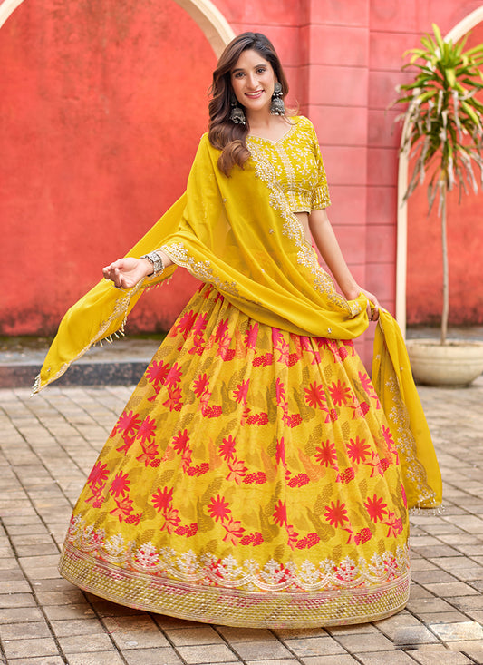 Beautiful Maize Yellow Tabby Silk Embroidered Lehenga Choli set