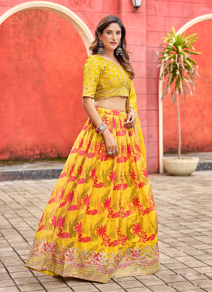 Beautiful Maize Yellow Tabby Silk Embroidered Lehenga Choli set