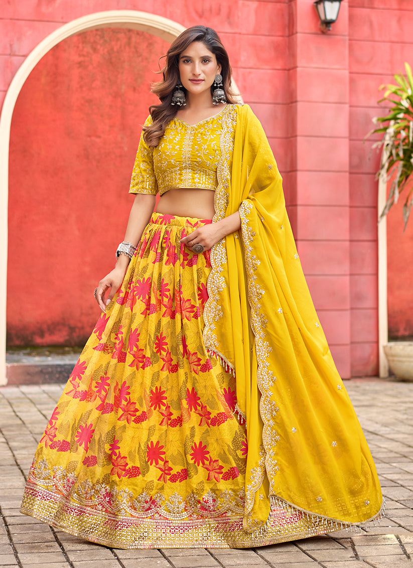 Beautiful Maize Yellow Tabby Silk Embroidered Lehenga Choli set