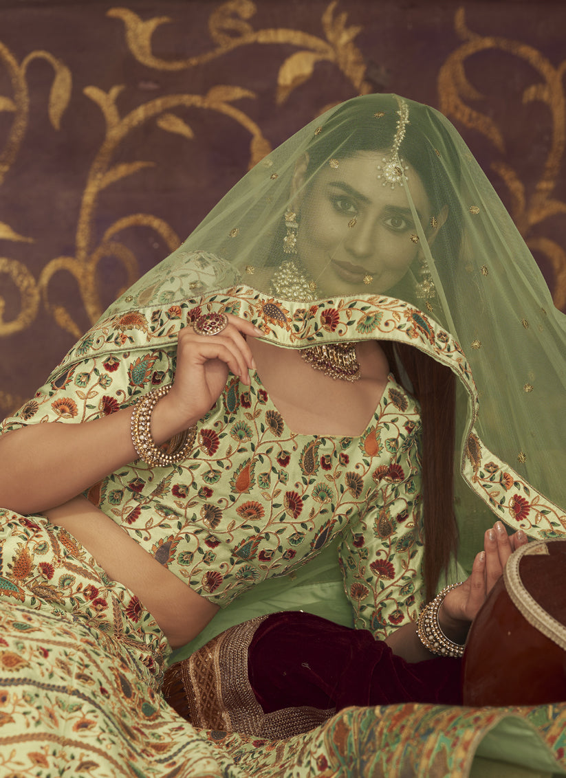 Bewitching Pastel Green Art Silk Embroidered Wedding Lehenga Choli
