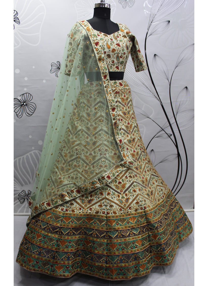 Bewitching Pastel Green Art Silk Embroidered Wedding Lehenga Choli