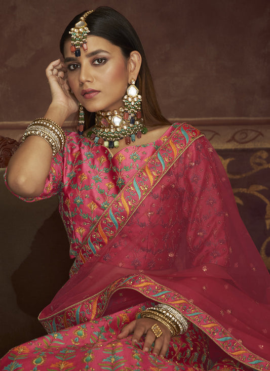 Mesmerizing Pink Art Silk Embroidered Wedding Lehenga Choli
