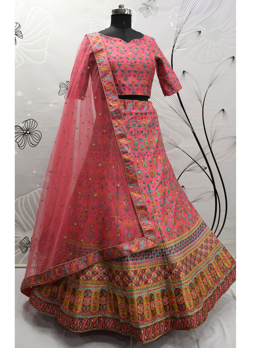 Mesmerizing Pink Art Silk Embroidered Wedding Lehenga Choli