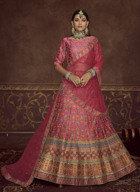 Mesmerizing Pink Art Silk Embroidered Wedding Lehenga Choli