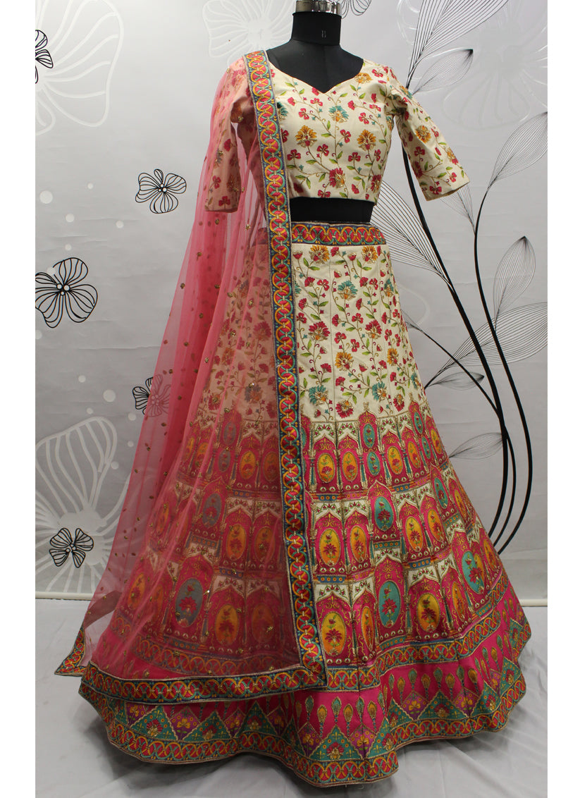 Adorable Cream Art Silk Embroidered Wedding Lehenga Choli