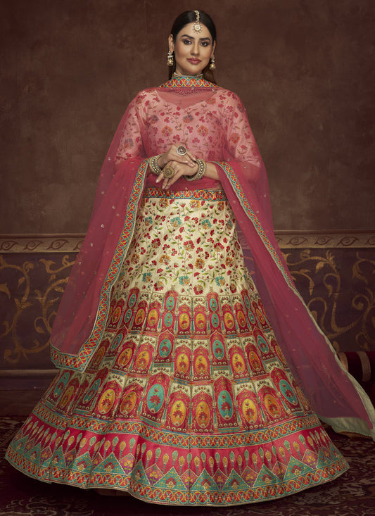 Adorable Cream Art Silk Embroidered Wedding Lehenga Choli