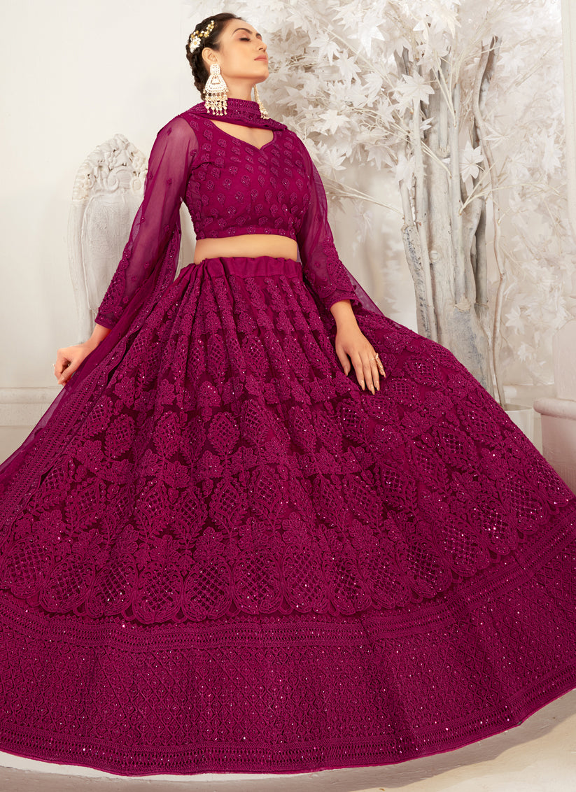 Magenta Net Embroidered Designer Wedding Lehenga Choli