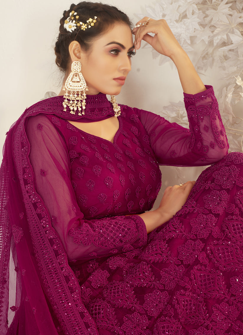 Magenta Net Embroidered Designer Wedding Lehenga Choli