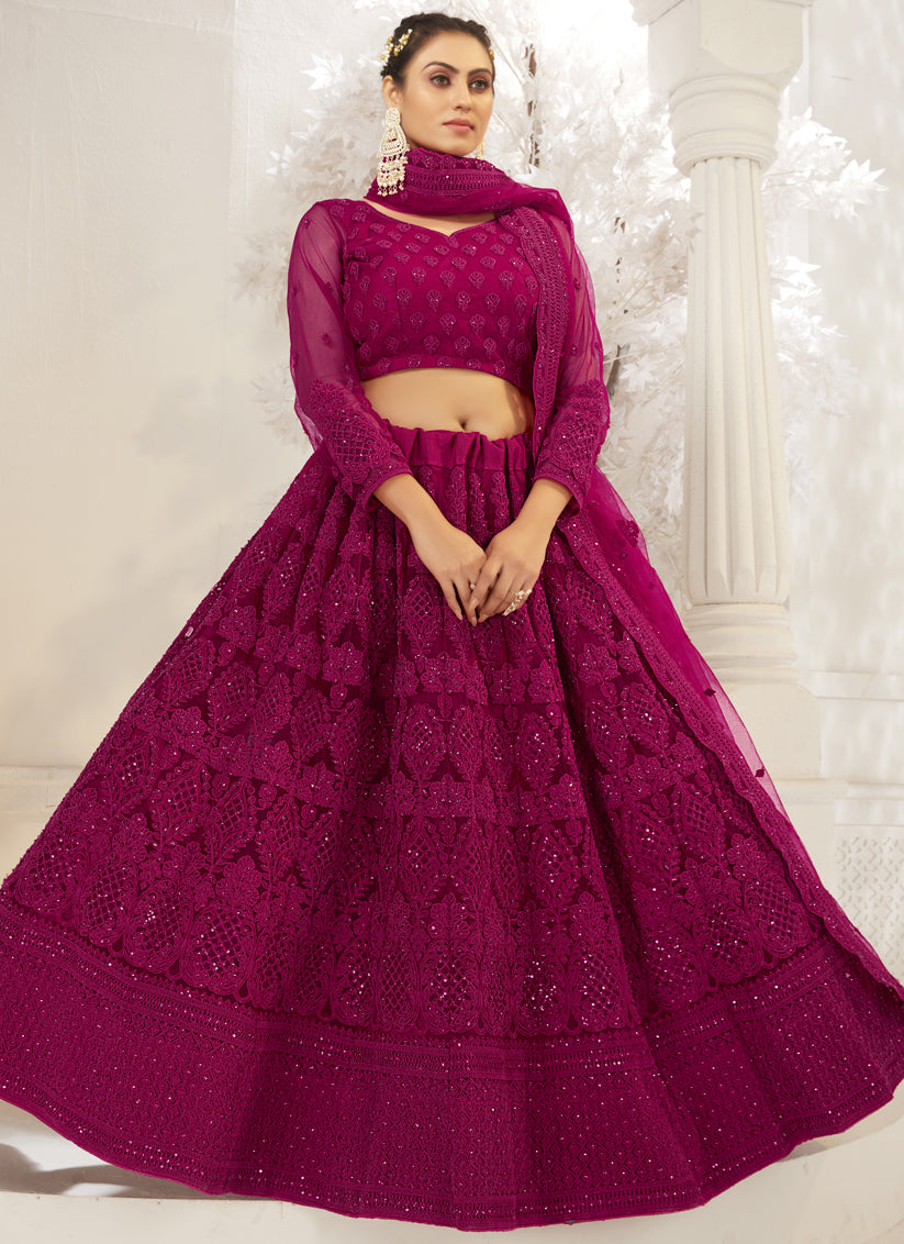 Magenta Net Embroidered Designer Wedding Lehenga Choli