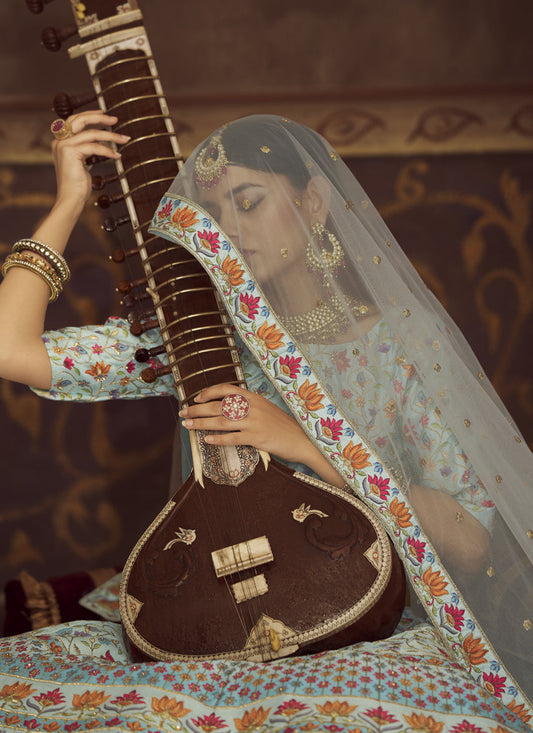 Amazing Breeze Blue Art Silk Embroidered Wedding Lehenga Choli