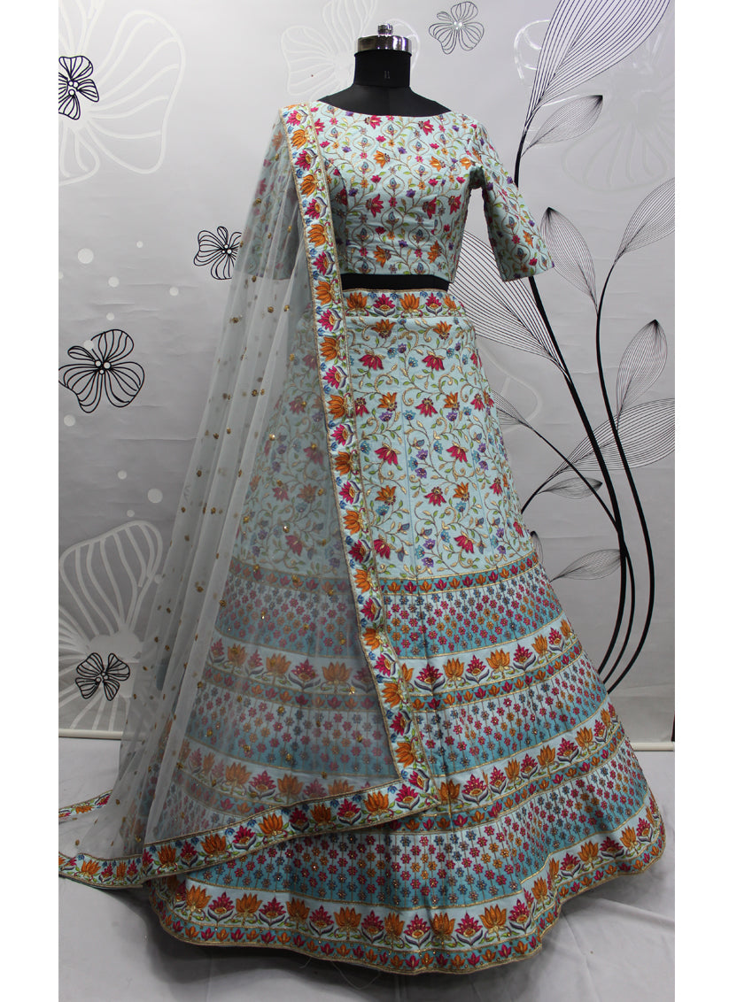 Amazing Breeze Blue Art Silk Embroidered Wedding Lehenga Choli