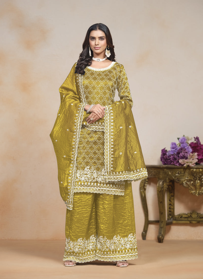 mustard yellow embroidered gold crush palazzo kameez suit