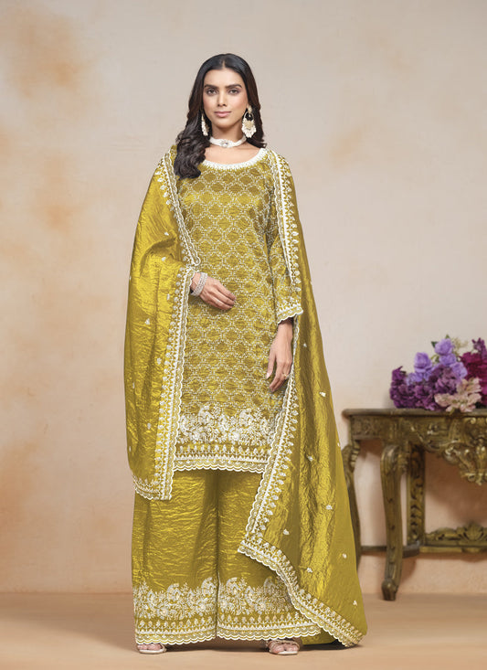 mustard yellow embroidered gold crush palazzo kameez suit
