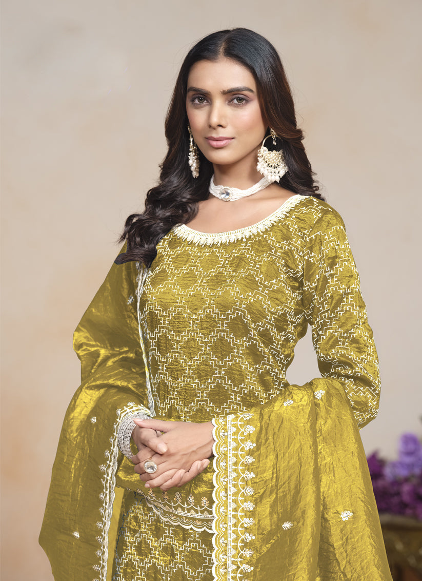 mustard yellow embroidered gold crush palazzo kameez suit