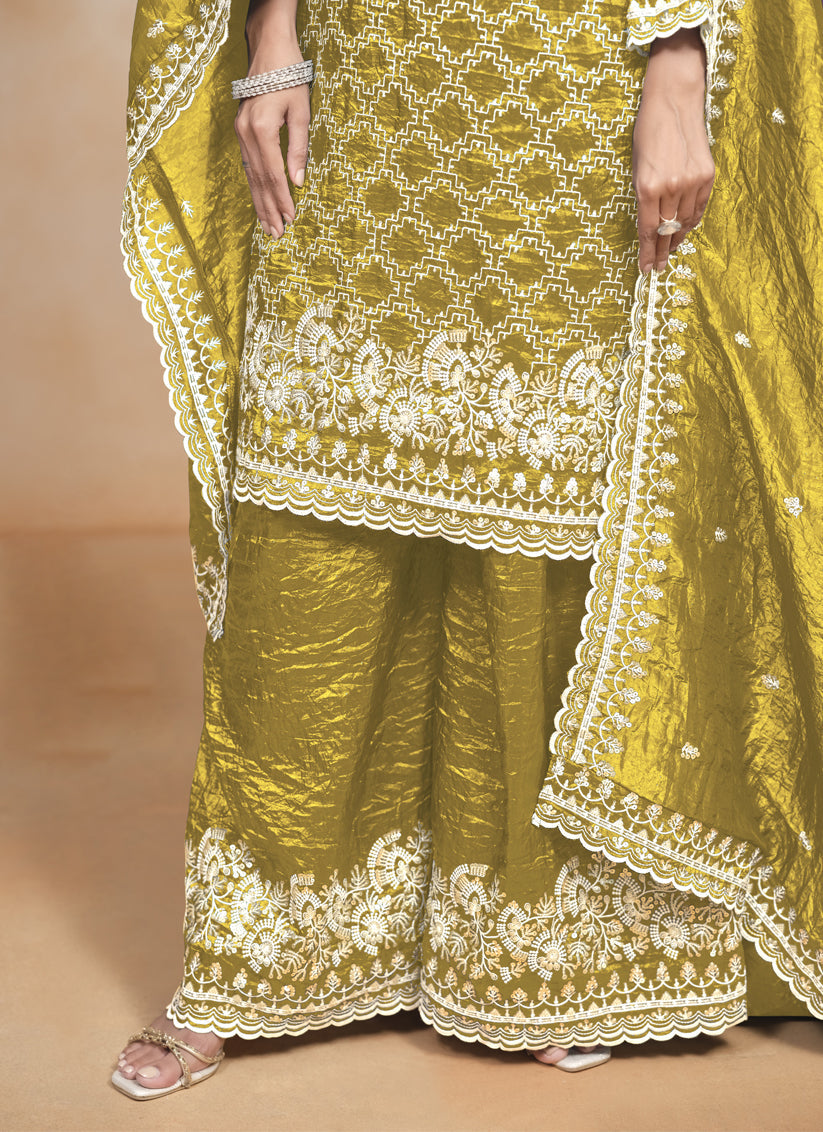 mustard yellow embroidered gold crush palazzo kameez suit