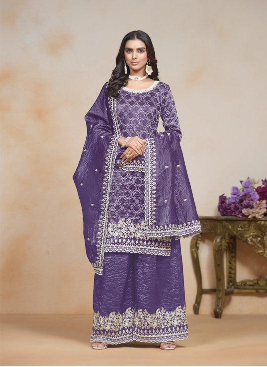 purple embroidered gold crush palazzo kameez suit