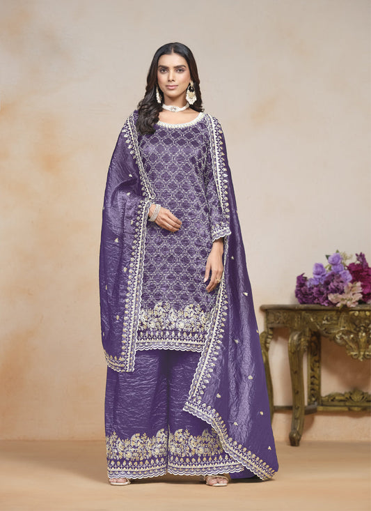 purple embroidered gold crush palazzo kameez suit