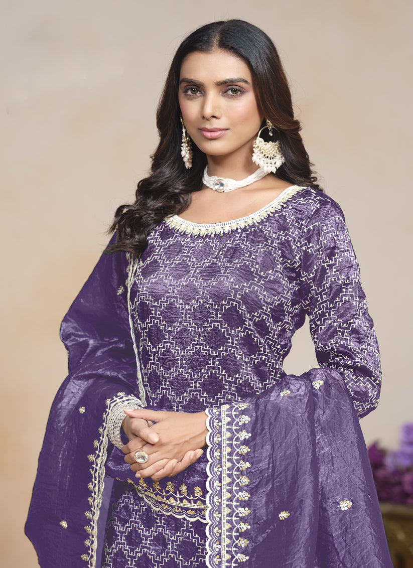 purple embroidered gold crush palazzo kameez suit