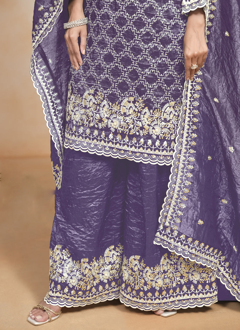 purple embroidered gold crush palazzo kameez suit