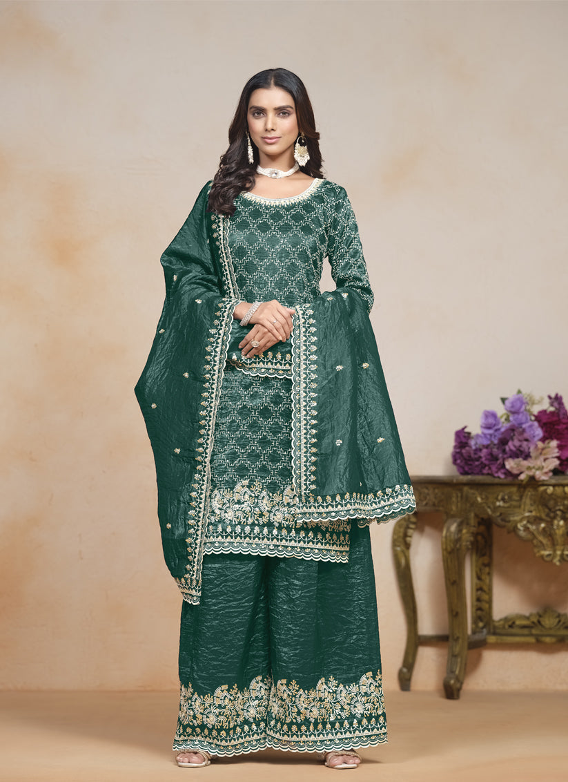 rama green embroidered gold crush palazzo kameez suit