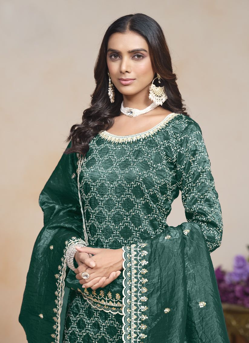 rama green embroidered gold crush palazzo kameez suit