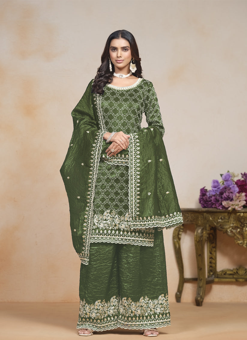 olive green embroidered gold crush palazzo kameez suit
