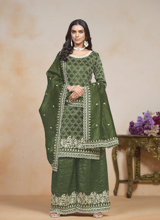 olive green embroidered gold crush palazzo kameez suit