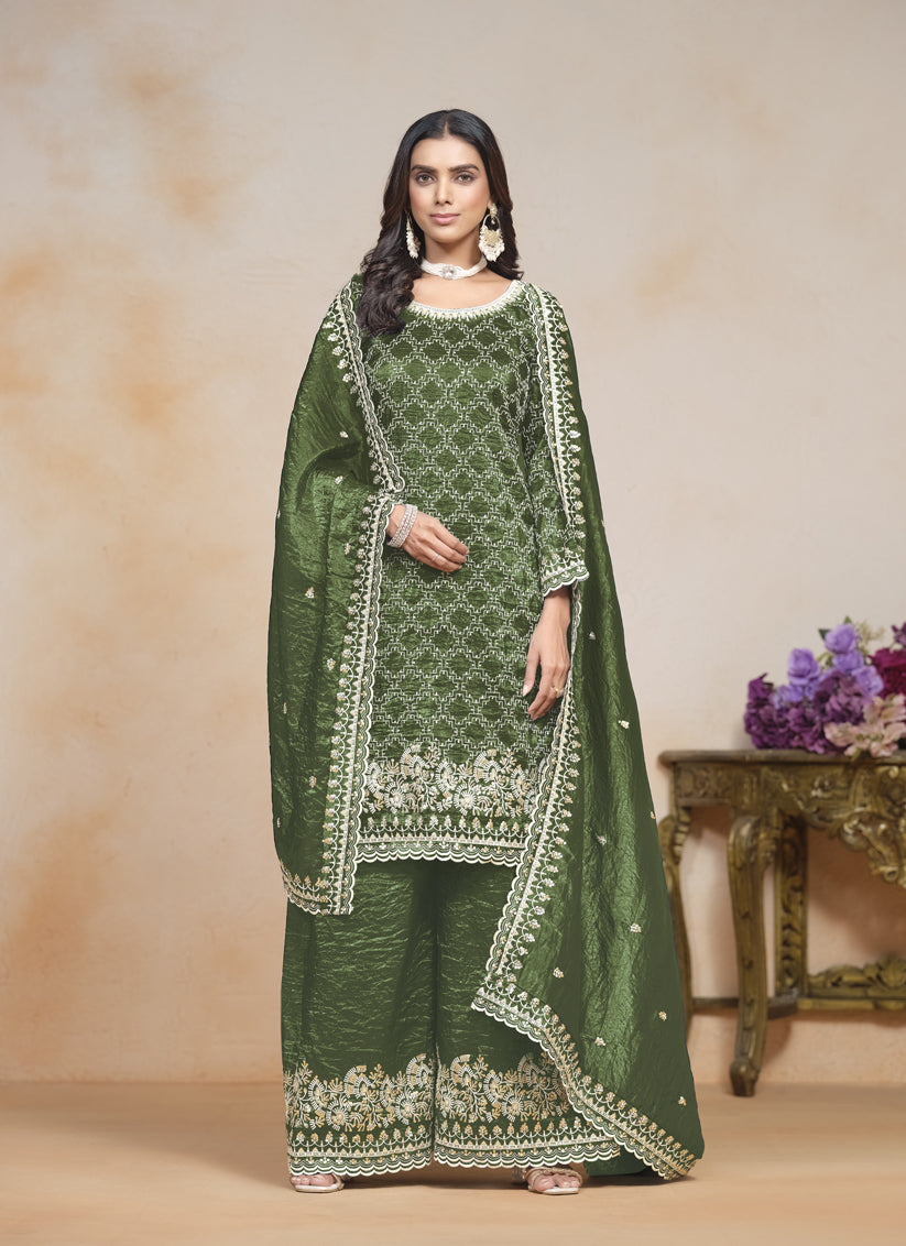 olive green embroidered gold crush palazzo kameez suit