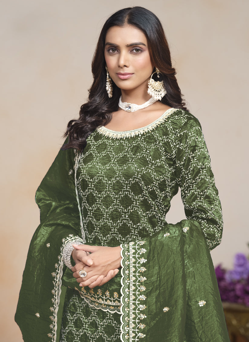 olive green embroidered gold crush palazzo kameez suit