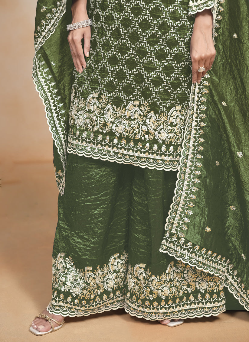 olive green embroidered gold crush palazzo kameez suit