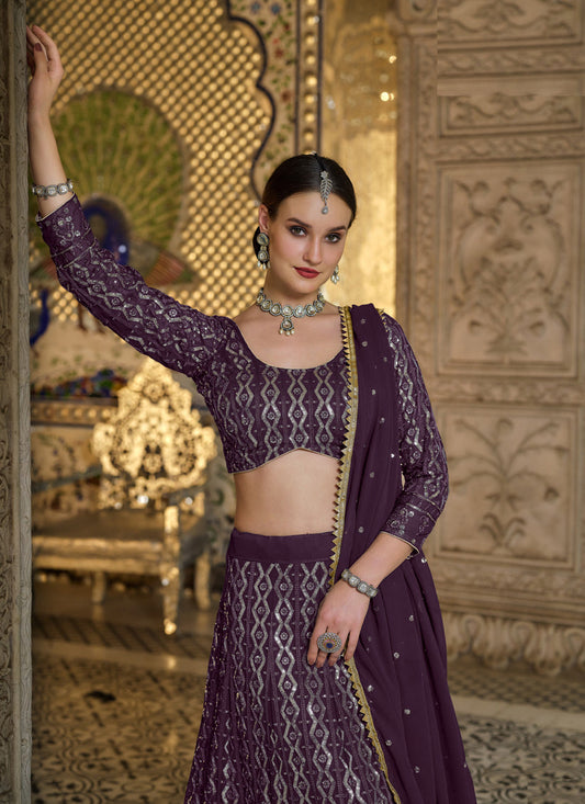 Attractive Burgundy Pure Georgette Sequins Embroidered Designer Lehenga Choli