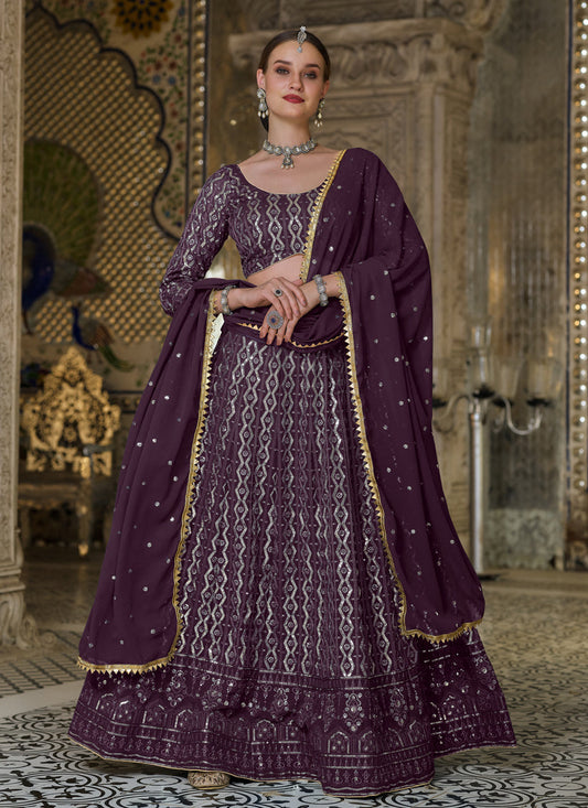 Attractive Burgundy Pure Georgette Sequins Embroidered Designer Lehenga Choli