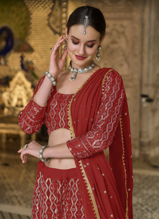 Beautiful Red Pure Georgette Sequins Embroidered Designer Lehenga Choli
