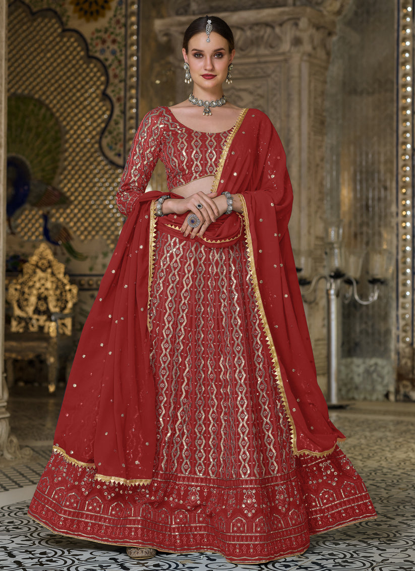 Beautiful Red Pure Georgette Sequins Embroidered Designer Lehenga Choli