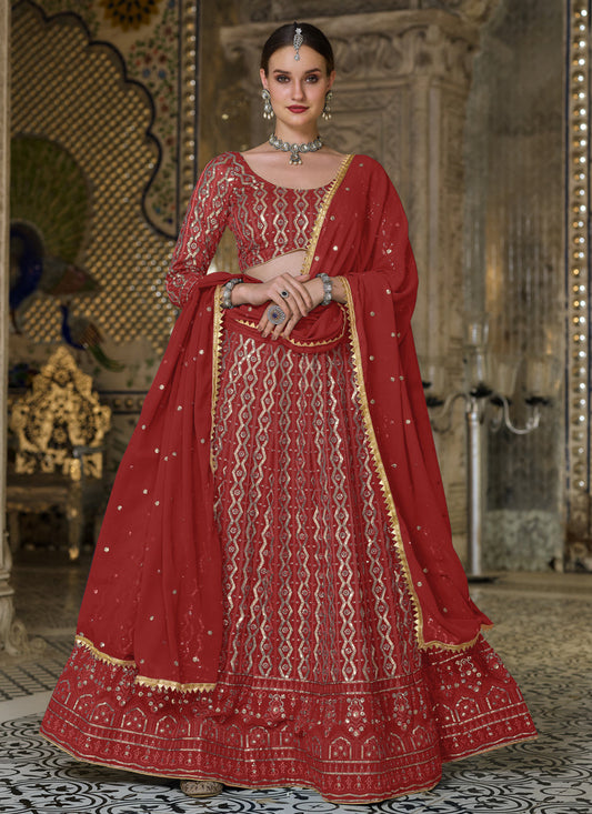 Beautiful Red Pure Georgette Sequins Embroidered Designer Lehenga Choli