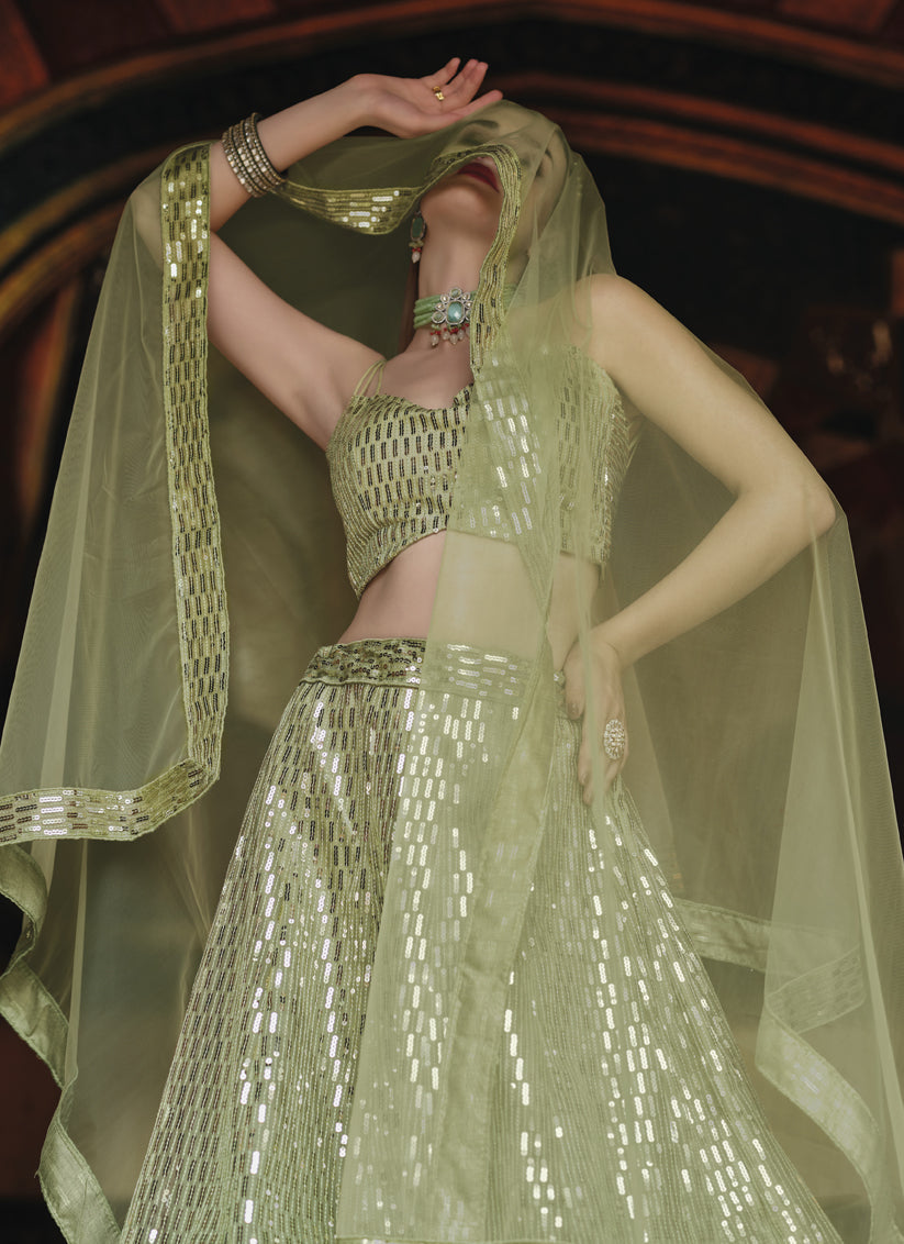Amazing Sage Green Net Sequins Designer Lehenga Choli