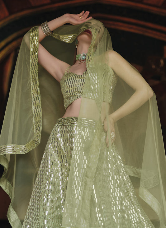 Amazing Sage Green Net Sequins Designer Lehenga Choli