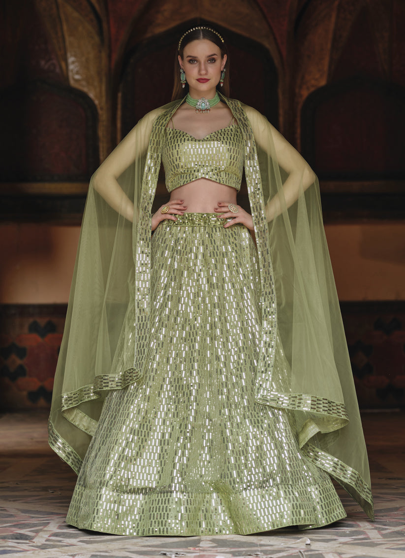 Amazing Sage Green Net Sequins Designer Lehenga Choli