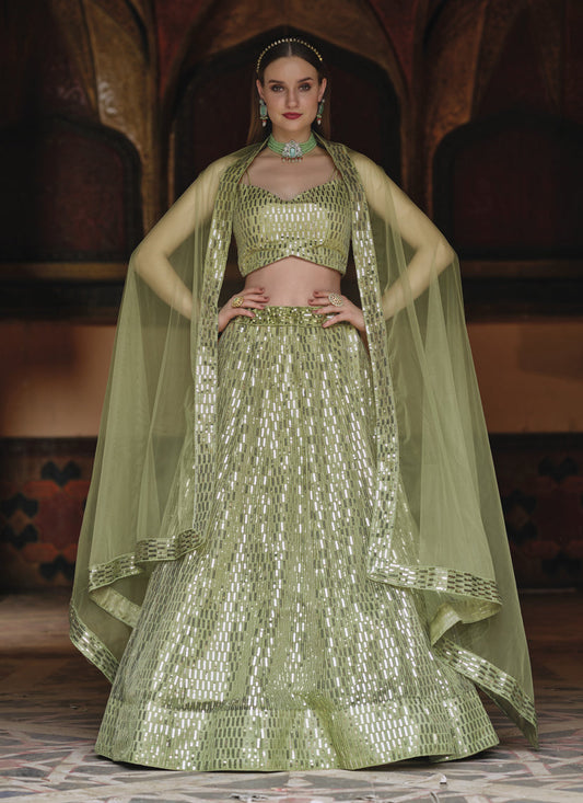 Amazing Sage Green Net Sequins Designer Lehenga Choli